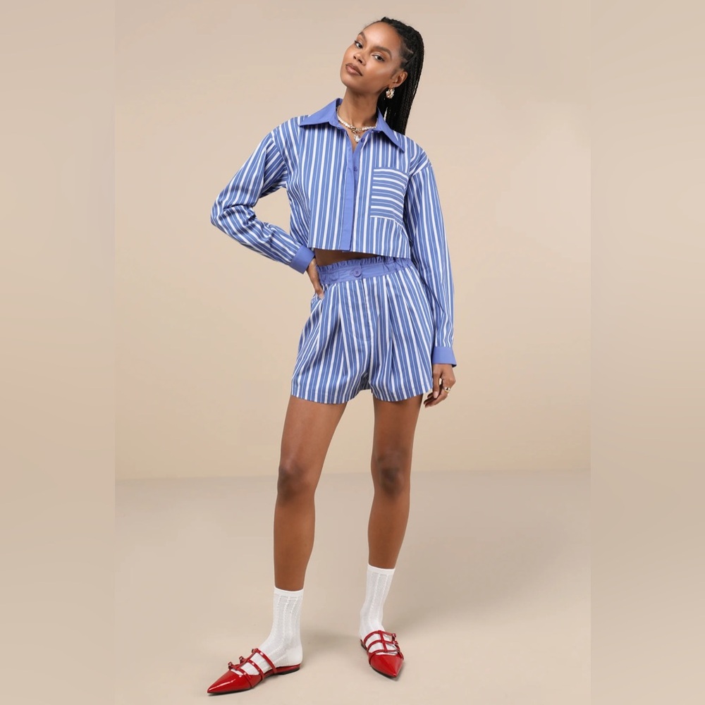 Lulus Playful Babe Blue And White Striped Ruffled Shorts - Size M - Picture 3 of 4